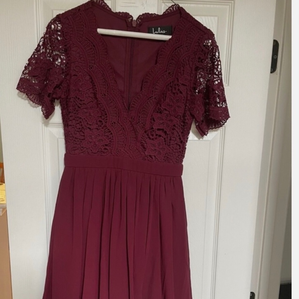 LULU’S Small Angel In Disguise Burgundy Lace Mini Skater Dress V-Neck